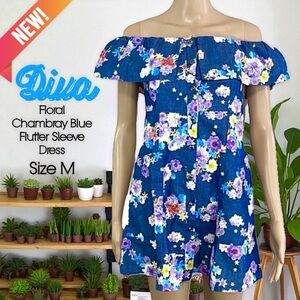 NEW Diva USA Floral Chambray Blue Flutter Sleeve Dress